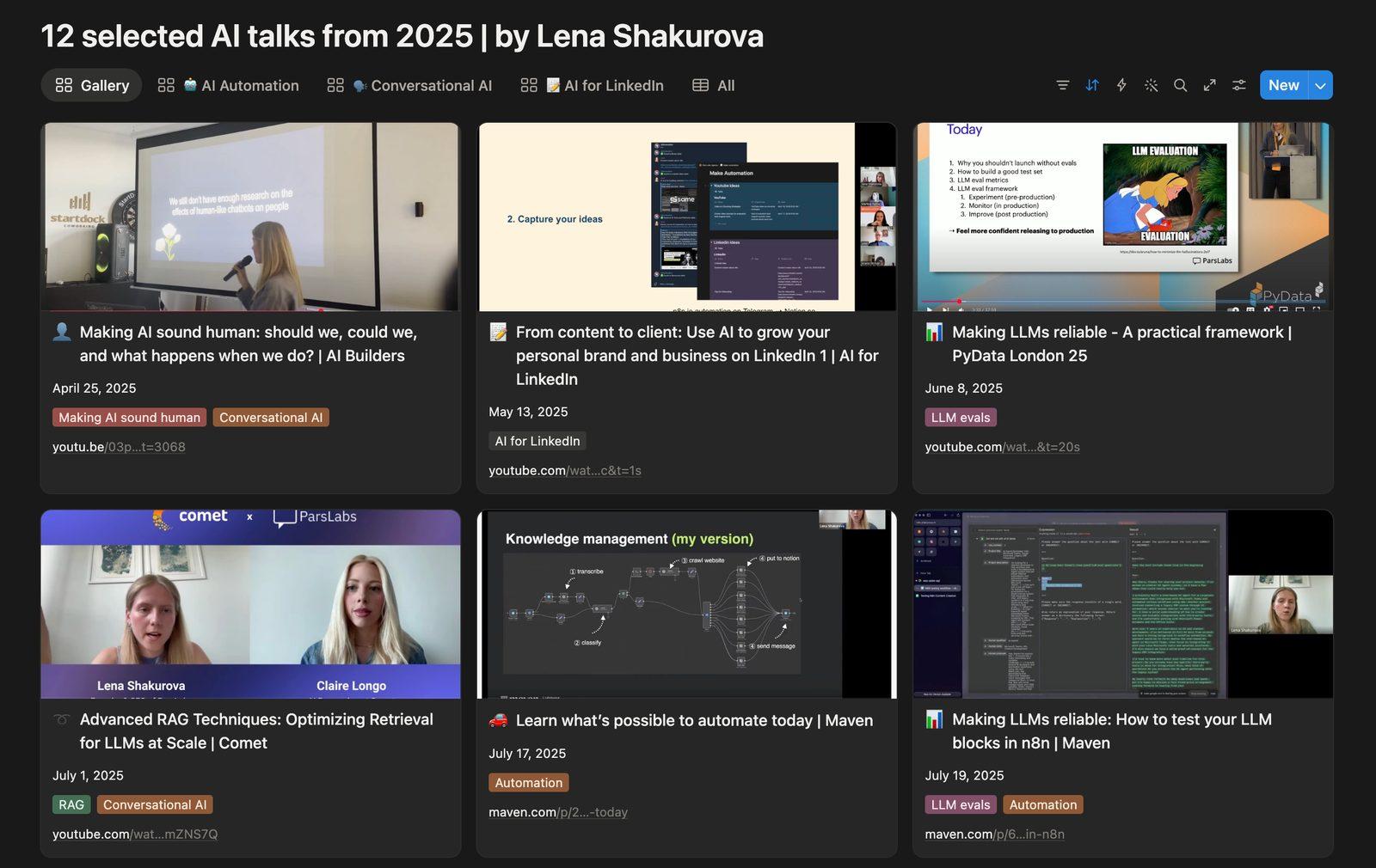 Preview of the 12 selected AI talks Notion collection