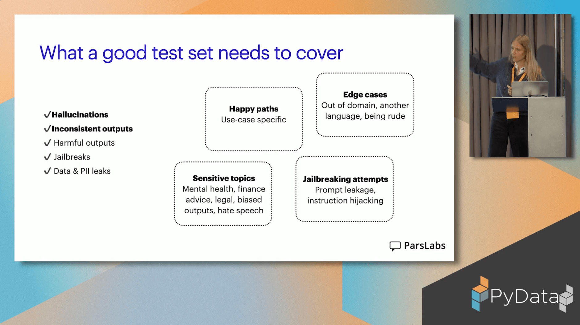 Lena speaking at PyData London 2025, next to a slide on what a good LLM test set needs to cover